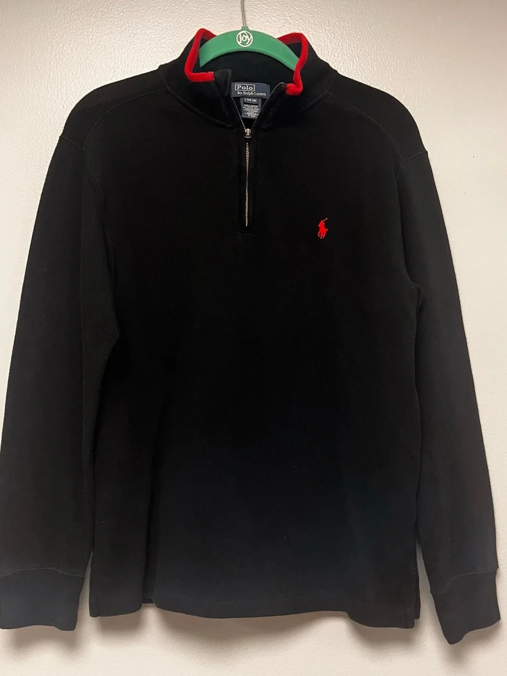 Ralph Lauren Boy’s Black Quarter- Zip Sweater with Red Logo Trim size 14/16